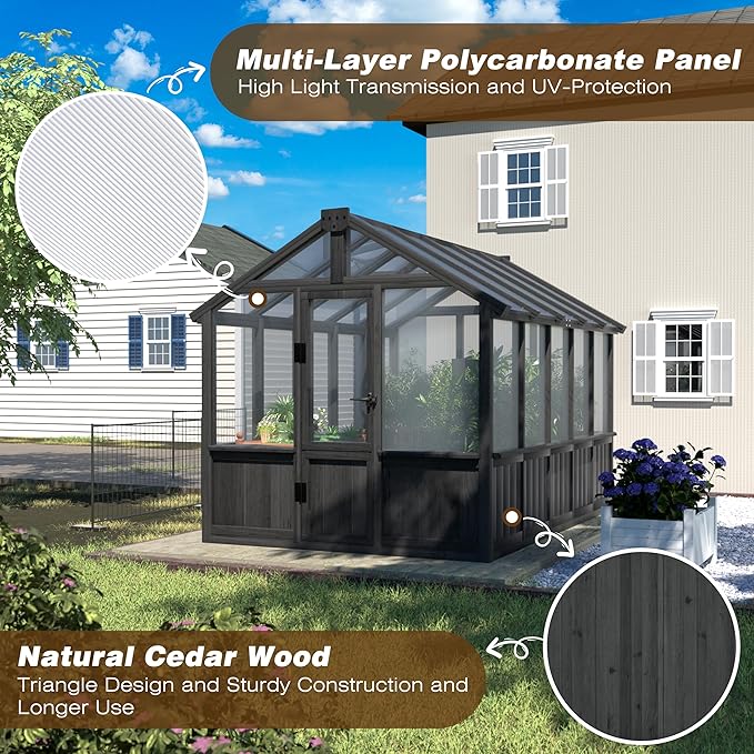 MUPATER 6 x 10 FT Wooden Polycarbonate Greenhouse with Ventilated Window & Lockable Door, Multi-Layer PC Panels for UV Protection, Walk-in Greenhouse Kit for Outdoor, Garden and Backyard, Black