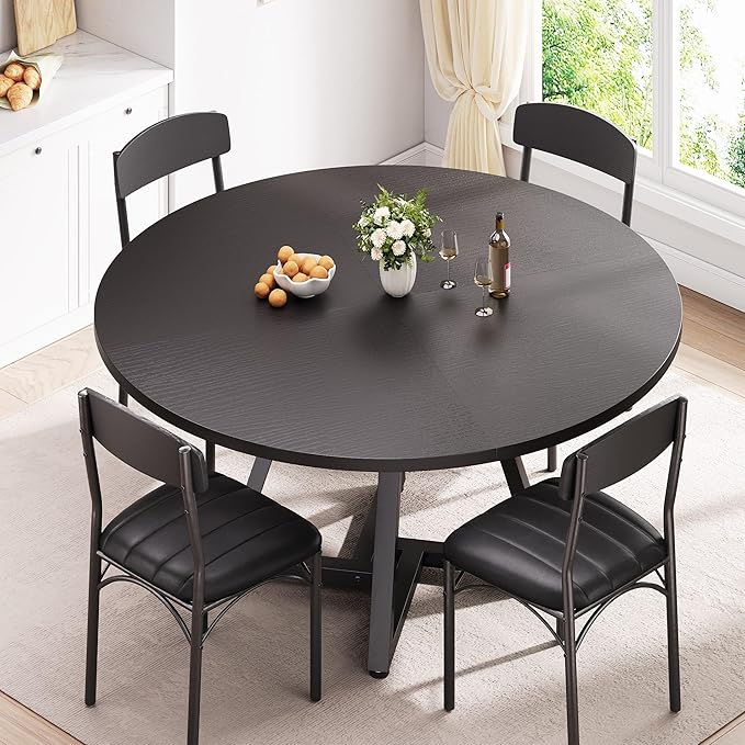 Round Kitchen Dining Room Table Circle Dining Dinner Table with Pedestal Metal Frame, Space Saving Wood Industrial Furniture for Small Space (Black, 47IN)
