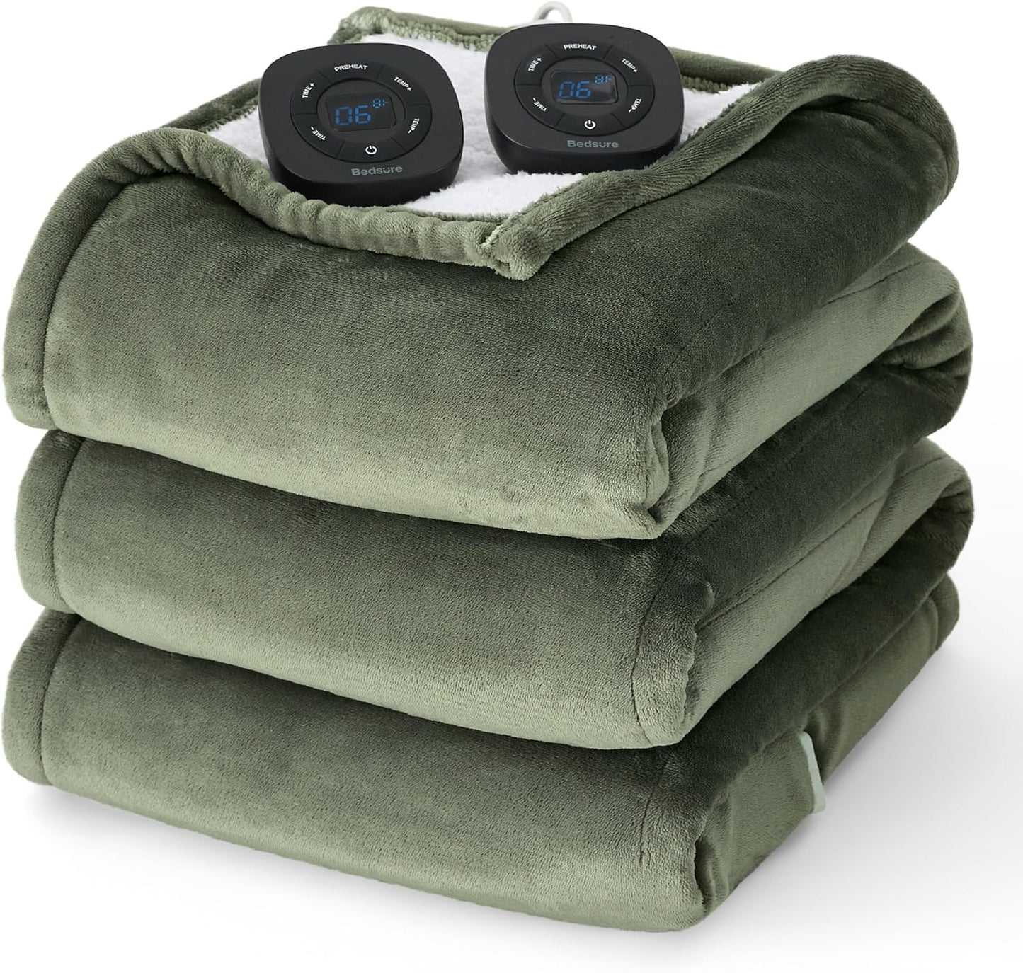 Bedsure Electric Blanket Queen Size - Dual Control Heated Blanket Queen, Fast Heating with 10 Time Settings & 10 Heat Settings, Warm Gift for Grandma (84x90 inches, Olive Green)