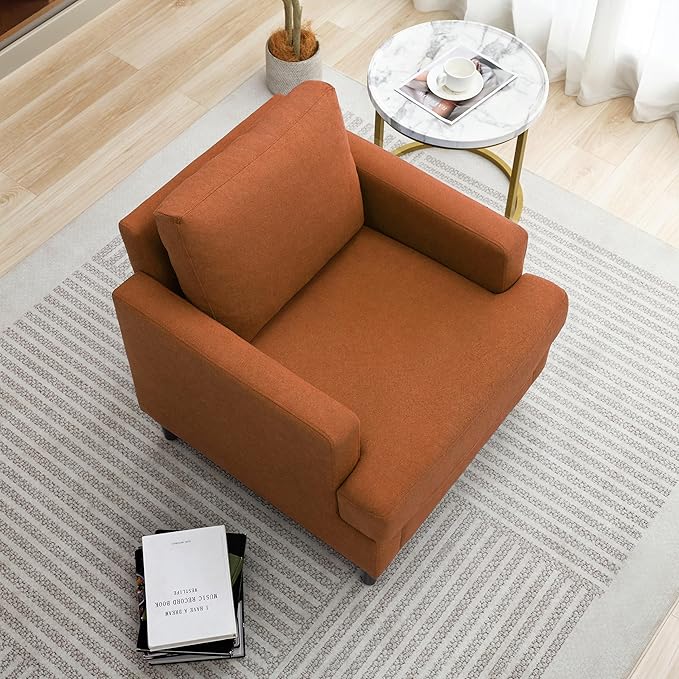 Mid-Century Accent Chair,Modern Linen Fabric Armchair for Living Room,Comfy Upholstered Reading Accent Chairs for Bedroom,Single Sofa Chair with Wood Legs (Orange, 2 Pack)