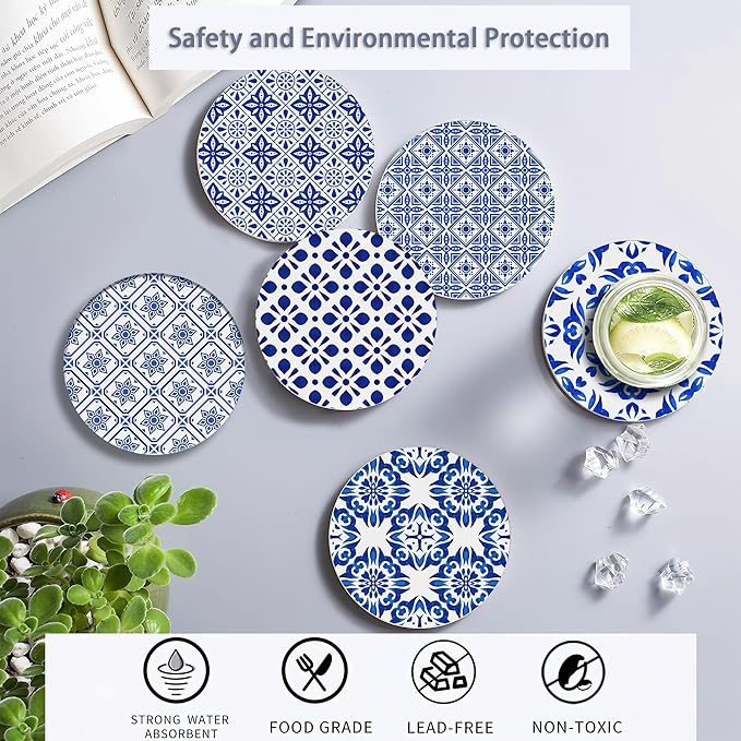 Drink Coasters Set of 6 with Holder, Handpainted Blue Pattern Absorbent Ceramic Coasters with Cork Base,Fit All Cups,Great Gift for Housewarming,Room Decor,Bar,Holiday Party