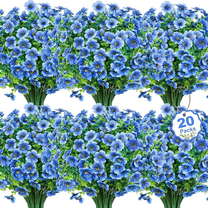 20 Bundles Artificial Flowers for Outdoors Decoration Fake Silk Flowers UV Resistant Faux Plants Artificial Daisy Eucalyptus for Spring Summer Garden Yard Porch Window Home Decor, Blue