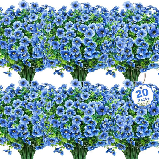 20 Bundles Artificial Flowers for Outdoors Decoration Fake Silk Flowers UV Resistant Faux Plants Artificial Daisy Eucalyptus for Spring Summer Garden Yard Porch Window Home Decor, Blue