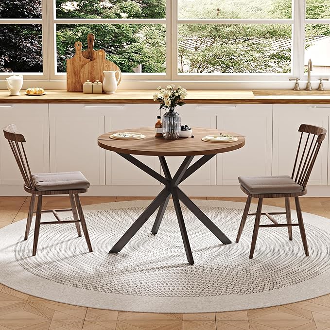 ChooChoo Round Dining Table for 2, Farmhouse Wood Kitchen Table, Circle Dinner Table for Kitchen & Dining Room, Small Space, 31.5In, Walnut