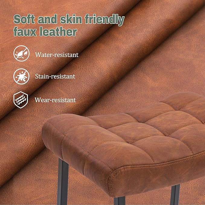 Modern Bar Stools Set of 2 for Kitchen Counter 24 inch Counter Height Backless Barstools with Upholstered Faux Leather Saddle Seat and Metal Frame Industrial Bar Chairs, Brown