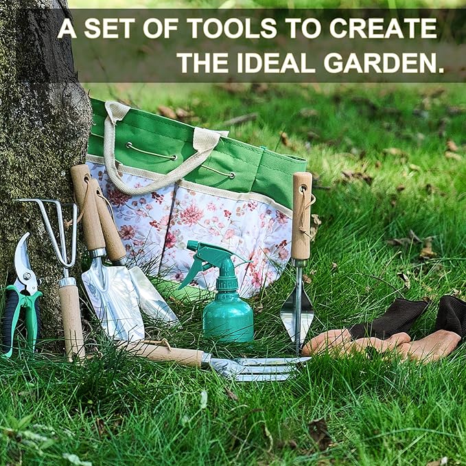 9-Piece Gardening Tools Set - Complete Gardening Kit with Heavy-Duty Stainless Hand Tools, Durable Storage Bag with Garden Accessories, Ideal Gardening Gifts for Women, Men, Gardeners (Green)