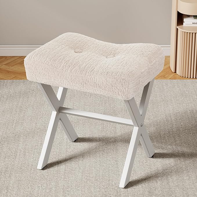 18-Inch Vanity Stool Chair, Vanity Bench with Metal X-Legs, Ottoman Accent Stool with Breathable and Soft Boucle Fabric Saddle Seat, Beige