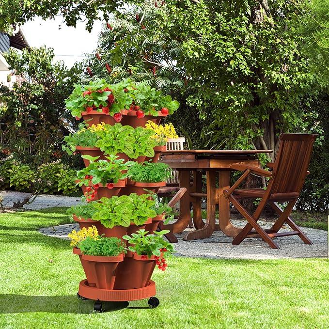 Strawberry Stackable Planter, Vertical Tower Garden, 5 Tiered Stacking Herb Vegetable Planters with Movable Casters and Bottom Saucer Indoor and Outdoor - Terra Cotta