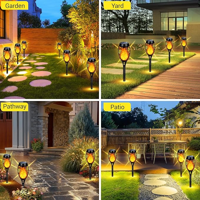 Solar Lights Outdoor, 4 Pack Solar Torch Light with Flickering Flame, Waterproof Outdoor Garden Lights for Yard, Tiki Torches for Outside Patio Pathway Decorations