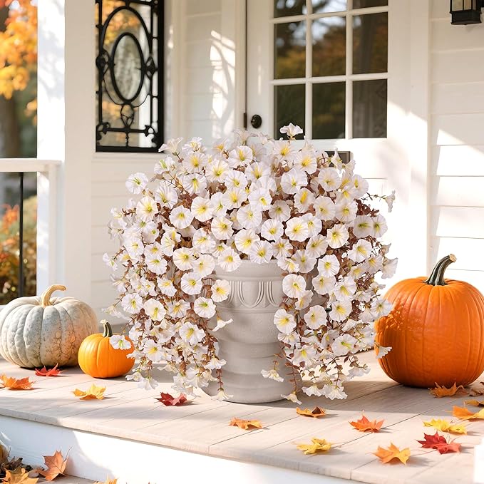 Ivydale 2 PCS Artificial Fall Hanging Flowers Fake Petunias Outdoor, Silk Faux Morning Glory Flowers with Eucalyptus Leaves,UV Resistant Realistic Mums Plants Vines for Home Garden Decor (White)