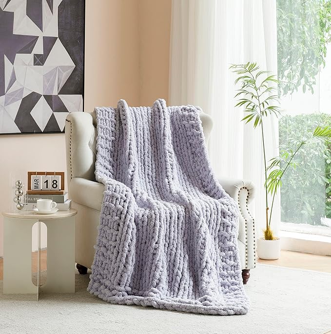 clootess Chunky Knit Blanket Knitted Throw Crochet Chenille Yarn Woven for Bed Sofa Textured Thick Cable Decor (Grey 40x60 in)