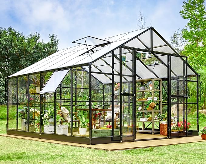 Jocisland 12x13.5x9 FT Polycarbonate Greenhouse, Outdoor Aluminum Greenhouse with 4 Ventilation,Quick Connect Fittings, 6.7 FT Height Double Doors, Fit for Backyard, Black