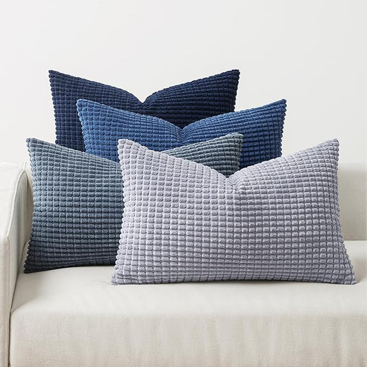 MIULEE Blue Decorative Lumbar Pillow Covers 12x20 Inch Set of 4 Boho Western Farmhouse Home Decor Couch Throw Pillows Summer Coastal Corduroy Pillowcases Industrial for Sofa Living Room Bed