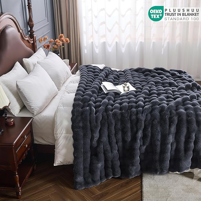 Faux Fur Throw Blanket for Couch, Fluffy Fuzzy Plush Bubble Blanket, Soft Warm Cozy Shaggy Rabbit Blanket, Luxury Decorative Gifts for Sofa Bedroom Living Room, 60x50inch (Grey)