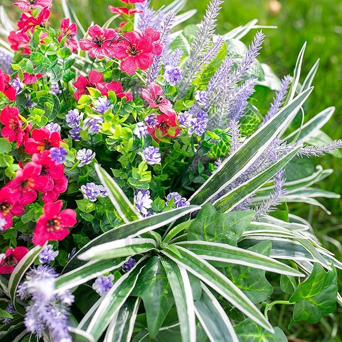 20PCS Artificial Plants for Outdoor Decor Realistic Faux Greenery & Flowers Fake Plastic Leaves with Stems UV Resistant Outside Bushes for Garden Patio and Porch