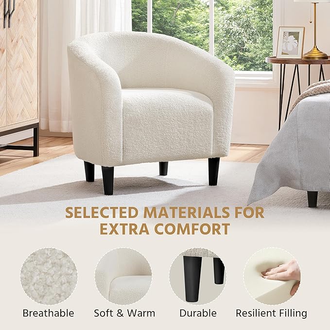 Yaheetech Accent Barrel Chair, Boucle Fabric Club Chair, Furry Sherpa Elegant Armchair with Cozy Soft Padded, Suitable for Living Room Bedroom Reception Room Office, Ivory