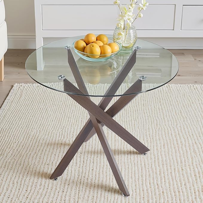 Dining Table for 4 Modern Round Dining Table 35.43" Kitchen & Dining Room Tables with Metal Legs and Glass Tabletop for Dining Room and Apartment, Brown