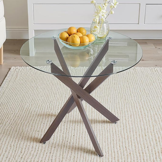 Dining Table for 4 Modern Round Dining Table 35.43" Kitchen & Dining Room Tables with Metal Legs and Glass Tabletop for Dining Room and Apartment, Brown