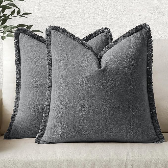 MIULEE Decorative Throw Pillow Covers Neutral Linen Fringe Throw Pillows Set of 2 Dark Grey Boho Farmhouse Cushion Covers with Tassels for Couch Sofa Bed Living Room Spring Home Decor 20x20 Inch