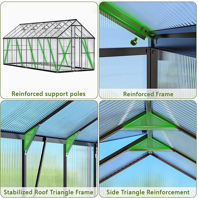 Wanan 8x20FT Greenhouses for Outdoors, Quick Assembly Polycarbonate Green House with UV Protection, Heavy Duty Windproof Aluminum Frame, Adjustable Roof Vent for Backyard or Outdoor Garden Use