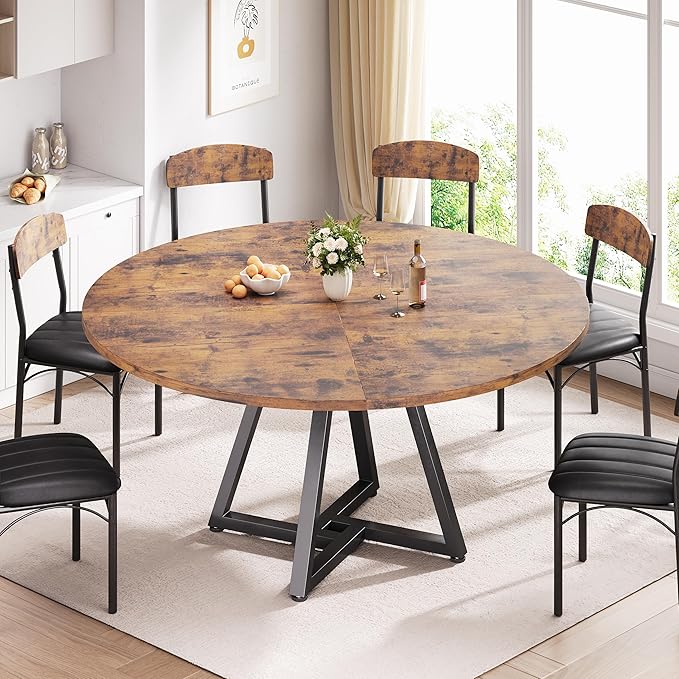 51“ Round Kitchen Dining Room Table for 6-8, Circle Dining Dinner Table with Pedestal Metal Frame, Space Saving Wood Industrial Furniture for Small Space (Rustic Brown, 51In)