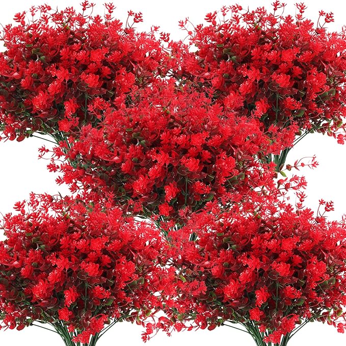 Fake Greenery Boxwood Plant Outdoor Artificial Flowers UV Resistant Fake Boxwood Plastic Plants Greenery Shrubs for Summer Indoor Outdoor Garden Patio Window Box Kitchen Home Decor(Red)