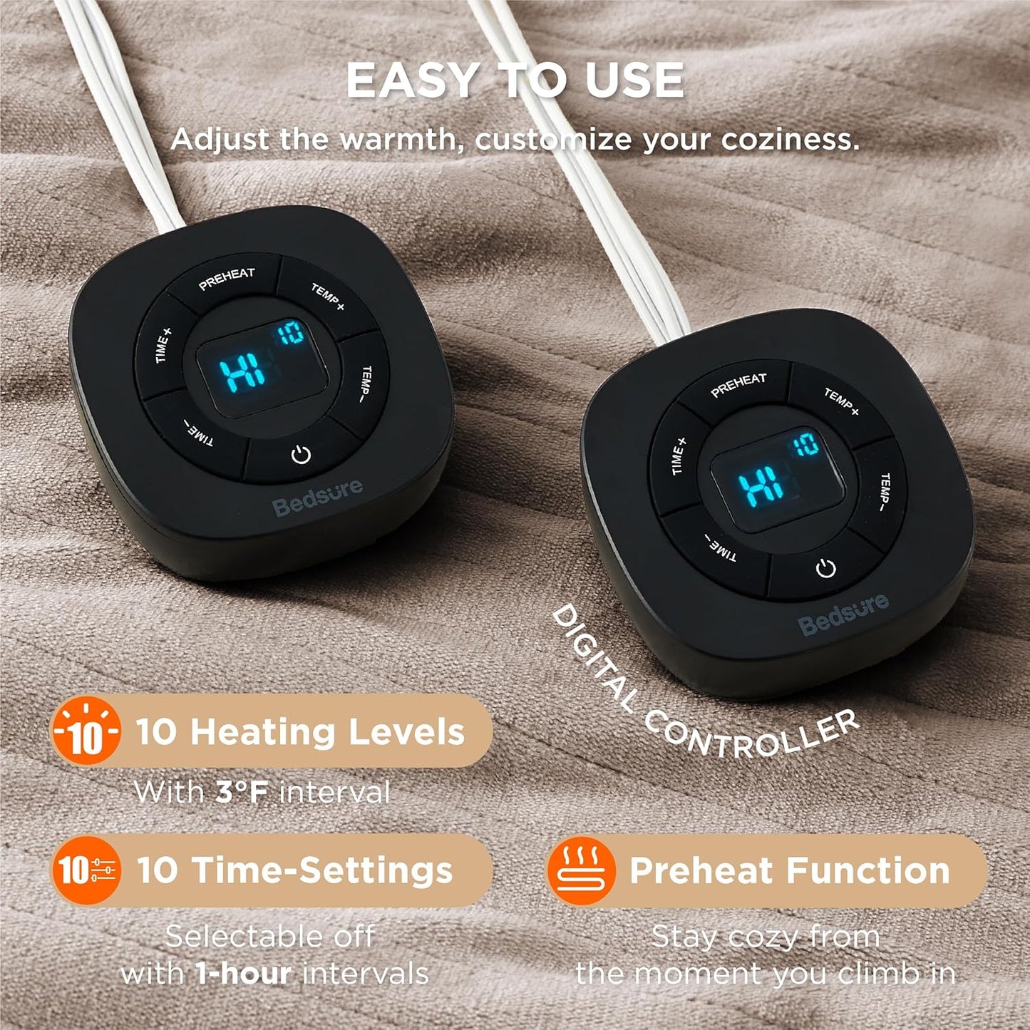 Bedsure Electric Blanket Queen Size - Dual Control Heated Blanket Queen, Fast Heating with 10 Time Settings & 10 Heat Settings, Warm Gift for Grandma (84x90 inches, Taupe)