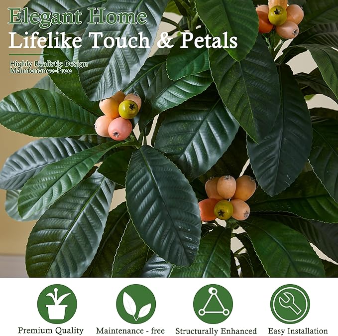 Artificial Loquat Tree：Faux Tree Realistic Fake Tropical Fruit Plant Large Silk Floor Plants with Lifelike Fruits&Pot for Home Decor Indoor Outdoor Room Office Patio Balcony(5FT,1-Pack,White)