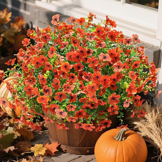 Artificial Fake Fall Mums Flowers Plants for Outdoor Outside Decoration, 12 Bundles Faux Silk Orange Daisy UV Resistant Look Real for Autumn Front Door Porch Planter Patio Garden Home