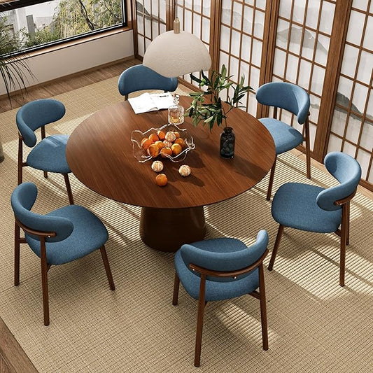 Kitchen Dining Chairs Set of 6 Modern Soft Linen Farmhouse Dining Room Chair with Metal Legs, Blue/Walnut