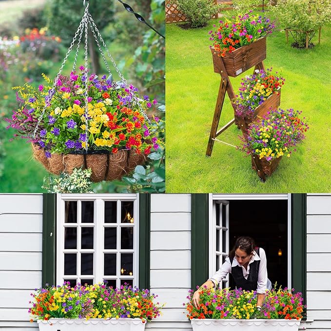 Ouddy Decor 16 Bundles Artificial Flowers for Outdoors Fake Plastic Plants Faux Shrubs Greenery Wheat Grass UV Resistant for Spring Summer Garden Patio Window Box Office Table Kitchen Home Decoration
