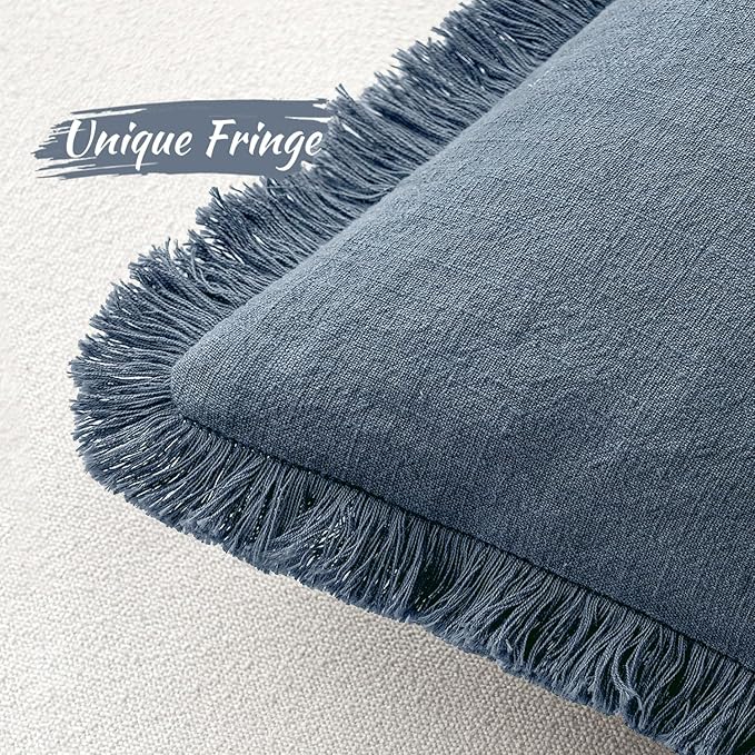 MIULEE Decorative Throw Pillow Covers Neutral Linen Fringe Throw Pillows Set of 2 Blue Ashes Boho Farmhouse Cushion Covers with Tassels for Couch Sofa Bed Home Decor 26x26 Inch