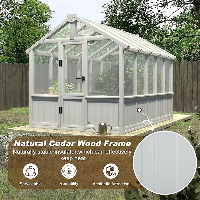 MUPATER 6 × 10 FT Cedar Wood Greenhouse for Outdoors, Outdoor Greenhouse With Polycarbonate Panels, Adjustable Vent Windows and Lockable Door, Wooden Walk-In Green House Kit for Garden, Lawn, Backyard