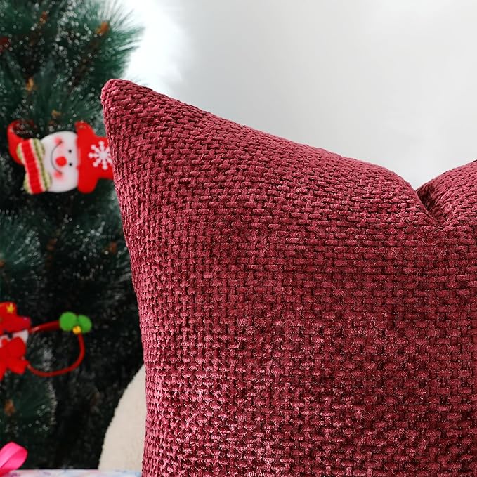 Stellhome 4 Packs Christmas Decorative Throw Pillow Covers Chenille Woven Textured Luxury Accent Cushion Cases for Living Room Couch Bed Sofa Farmhouse Boho Home, 16x16 inch, Hunter Green and Wine Red