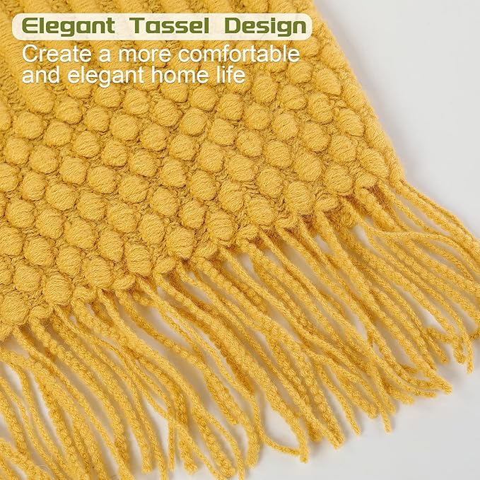 Blagic Knitted Throw Blanket for Couch, Bed and Sofa. Super Soft Blanket with Tassels, Yellow Throw Blanket, 60 x 80 Inches Lightweight & Cosy Home Decor