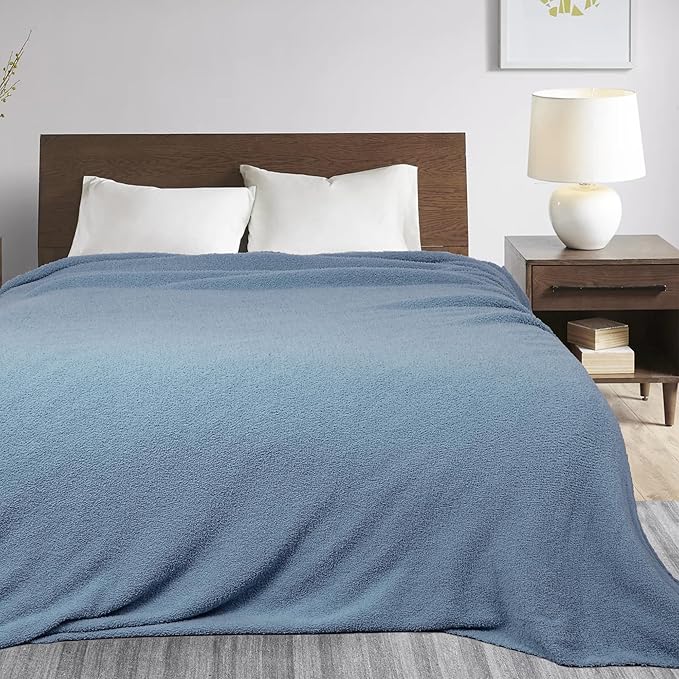 JOOJA Dusty Blue Fuzzy Knitted Blanket, Soft Lightweight Plush Queen Size for Bed, Cozy Nights in Dusty Blue, 90x90