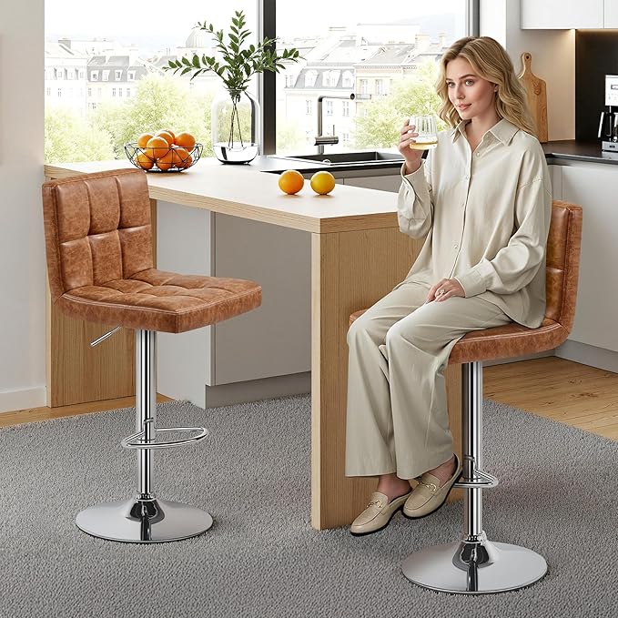 Yaheetech Bar Stools Set of 2, PU Leather Swivel Barstools, Height Adjustable Counter Chairs, Modern Stools with Back for Bar Kitchen Island Dining Room, Retro Brown