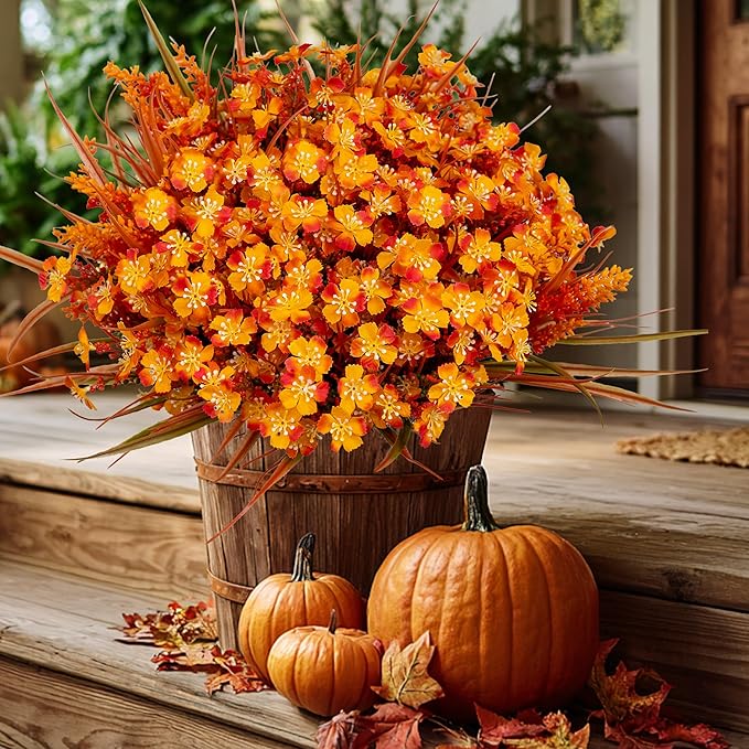 Artificial Fall Flowers Outdoor Fake Mums - 16 Bundles Fake Plants UV Resistant No Fade Faux Plastic Greenery Garden Porch Patio Fall Home Decor (1, OrangeGreen)