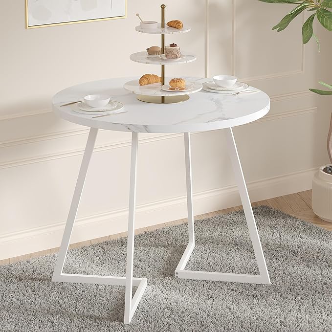 VECELO Round Dining Room Table with Wood Grain Tabletop and Steel Frame, for Kitchen, Living Room, Office, Conference, 2 to 4 Person, Fuax Marbled & White