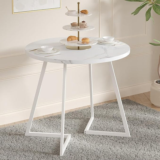 VECELO Round Dining Room Table with Wood Grain Tabletop and Steel Frame, for Kitchen, Living Room, Office, Conference, 2 to 4 Person, Fuax Marbled & White