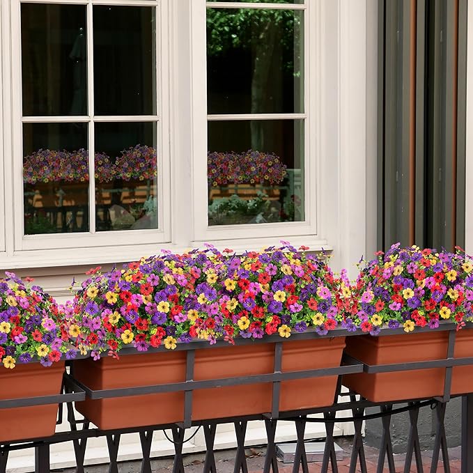 Fall Mums Artificial Flowers for Outdoors Potted, 12 Bundles Fake Fall Daisy Flower with Realistic Eucalyptus Leaves, Fake Plants for Greenery Boxwood Porch Patio Garden Pot Lawn