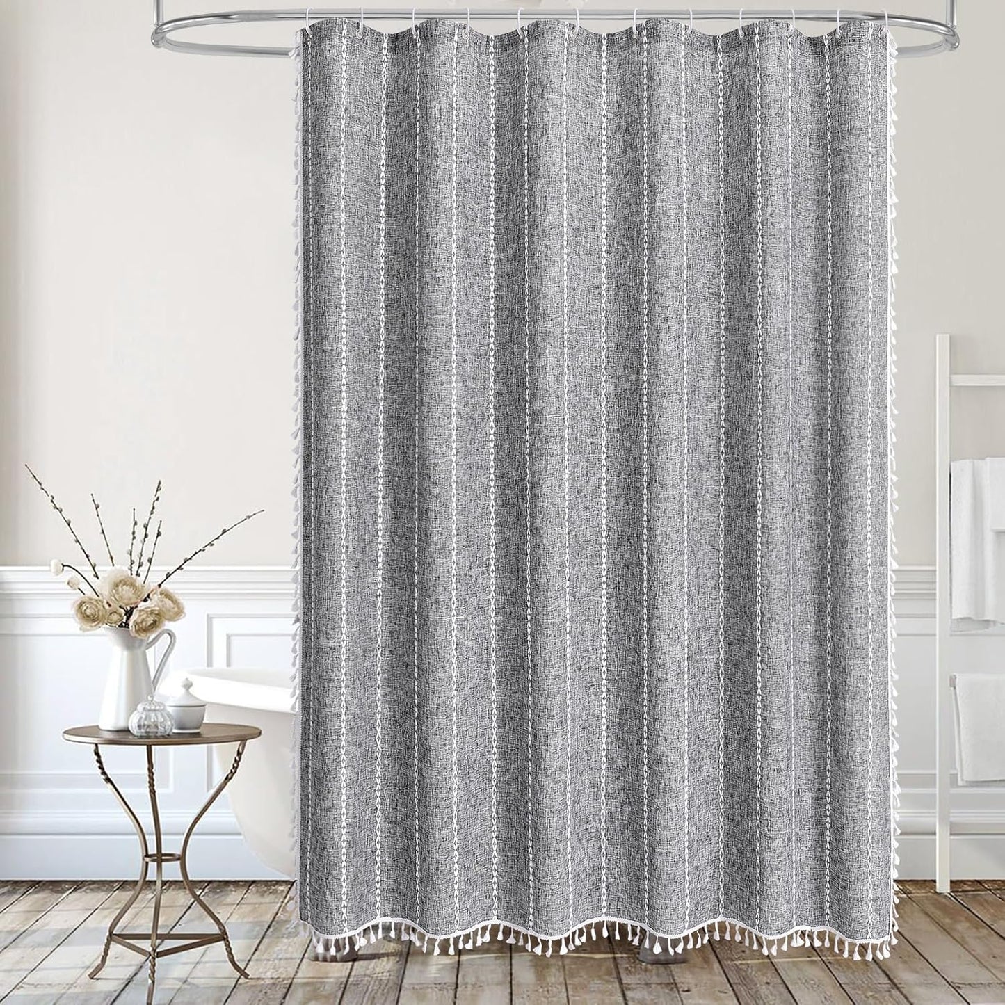 MitoVilla Dark Grey Farmhouse Shower Curtain Set 72 x 78, Boho 78 inch Long Polyester Linen Tassel Fabric Shower Curtain Set for Chic Cottagecore French Rustic Bathroom Decor, Charcoal Grey