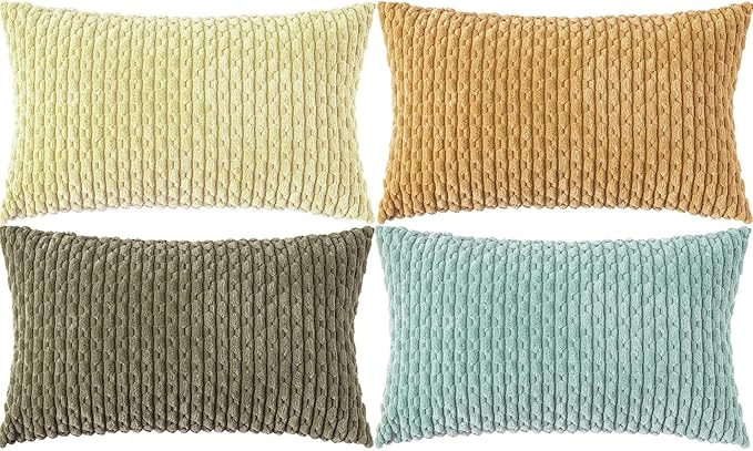 Set of 4 Yellow Olive Aqua Decorative Throw Pillow Covers 12x20 Inch Corduroy Pillow Covers for Bed Couch Sofa Living Room Soft Cushion Cases