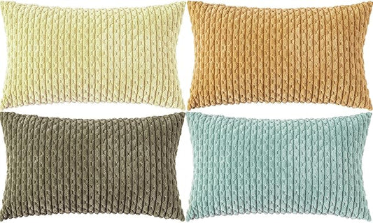 Set of 4 Yellow Olive Aqua Decorative Throw Pillow Covers 12x20 Inch Corduroy Pillow Covers for Bed Couch Sofa Living Room Soft Cushion Cases