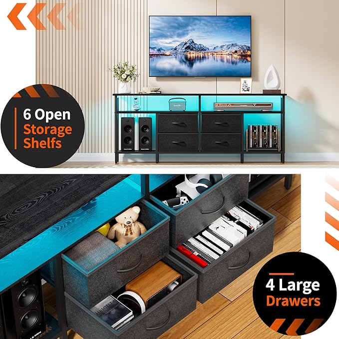 JUSTOGO TV Stand for 55/60/65/70 Inch TV, Modern Entertainment Center with LED Lights and Power Outlets, TV Stand with Drawers and Shelves, Media Console with Storage for Living Room Bedroom, Black