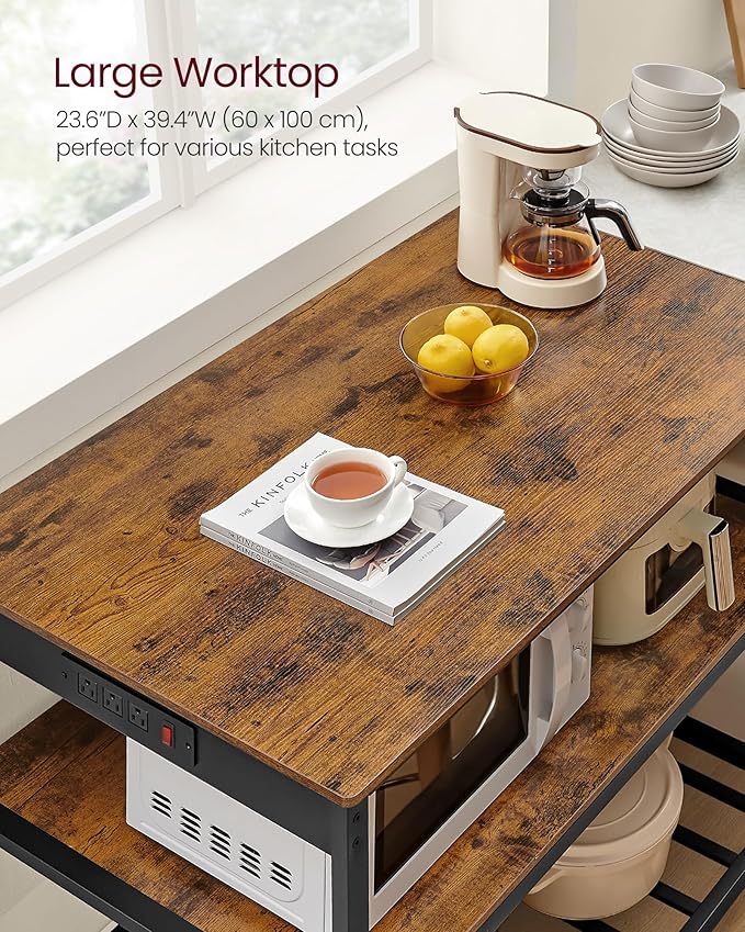 VASAGLE Kitchen Island with 3 Shelves, 39.4 Inches Width Kitchen Shelf with Power Strip, Large Worktop, Stable Steel Structure, Industrial, Easy to Assemble, Rustic Brown and Black UKKI105K01