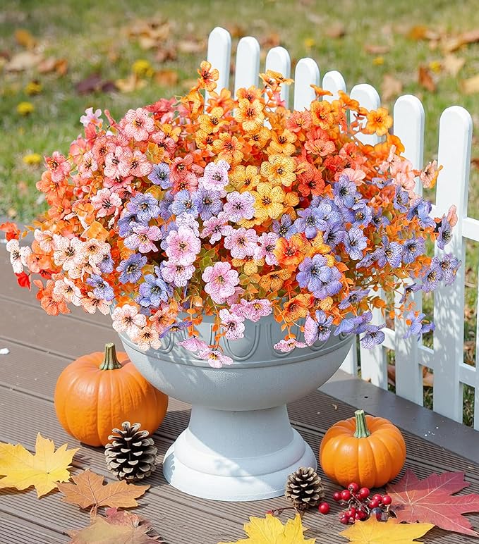 Artificial Fall Flowers Fake Mums for Outdoor Autumn Decoration, 12 Bundles Faux Silk Orange Yellow Mums Daisy Look Real UV Resistant for Outside Home Porch Patio Planter (Fall-6multicolor)