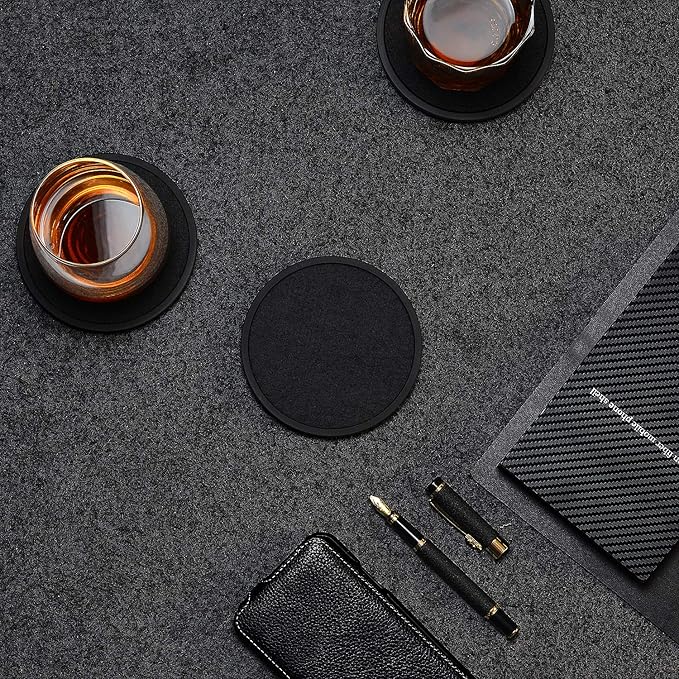 Absorbent Coasters for Drinks with Holder - 6packs, Silicone Coaster with Soft Felt Insert, Black (Coasters with Holder, Black)