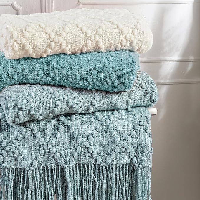BOURINA Blue Throw Blanket 50 x70 Inches Jacquard Argyle Throw Textured Solid Soft Throws and Blankets for Sofa or Bed Knitted Decorative Blanket