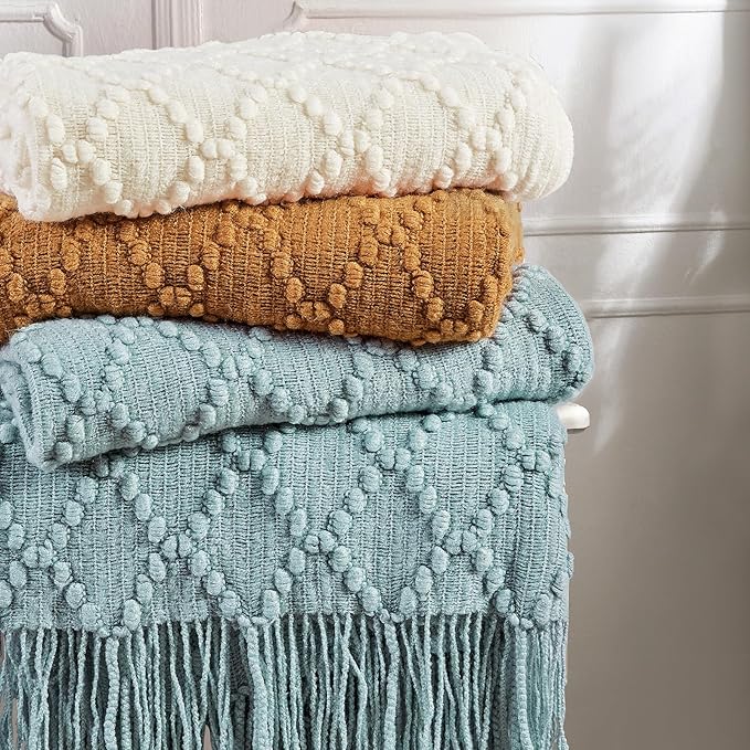 BOURINA Aqua Throw Blanket 50 x70 Inches Jacquard Argyle Throw Textured Solid Soft Throws and Blankets for Sofa or Bed Knitted Decorative Blanket
